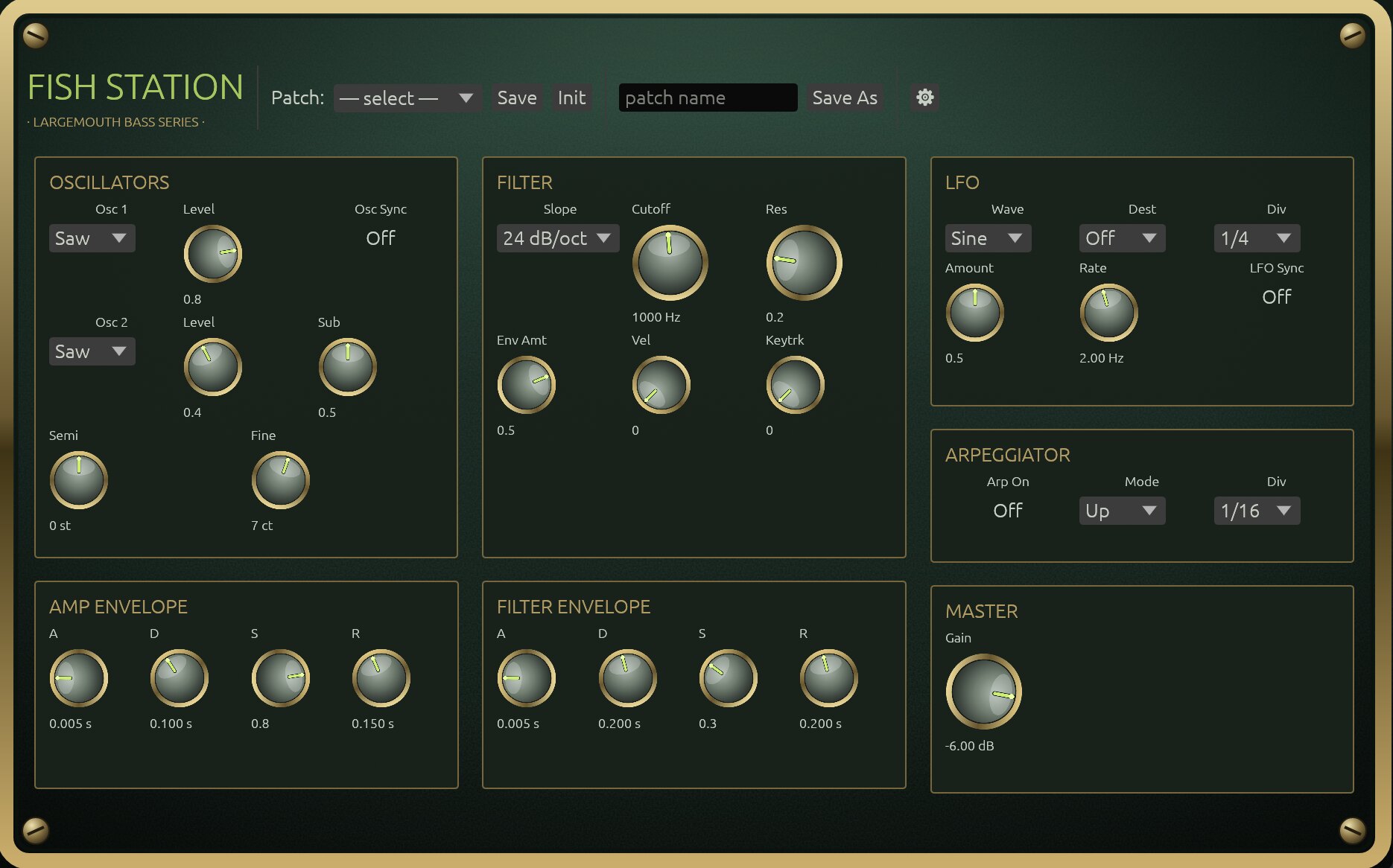 The Fish Station plugin panel — a dark brushed-metal face with brass-bezelled knobs, grouped into Oscillators, Filter, LFO, Arpeggiator, Amp and Filter envelopes, and Master, with a patch browser across the top.